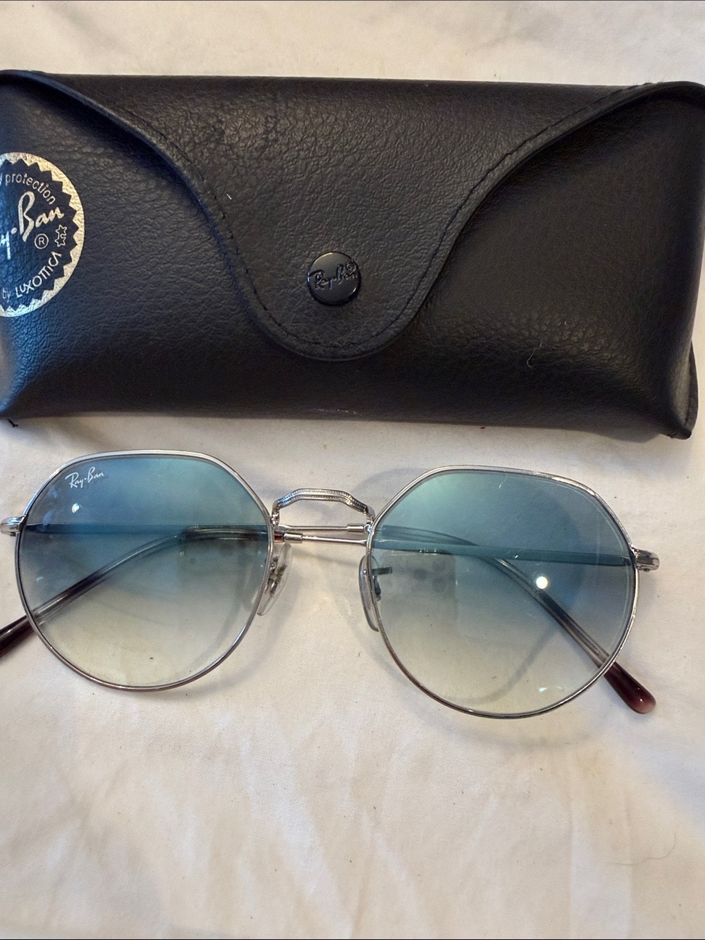 Ray-Ban Silver Frame Sunglasses with Blue Gradient Lenses and Brown Temples